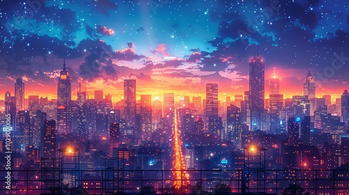 Wallpaper Mural City at Nighttime: A vibrant urban scene with illuminated buildings and busy streets perfect for illustrating the vibrancy and energy of urban life at night. High resolution Illustration, in the Torontodigital.ca