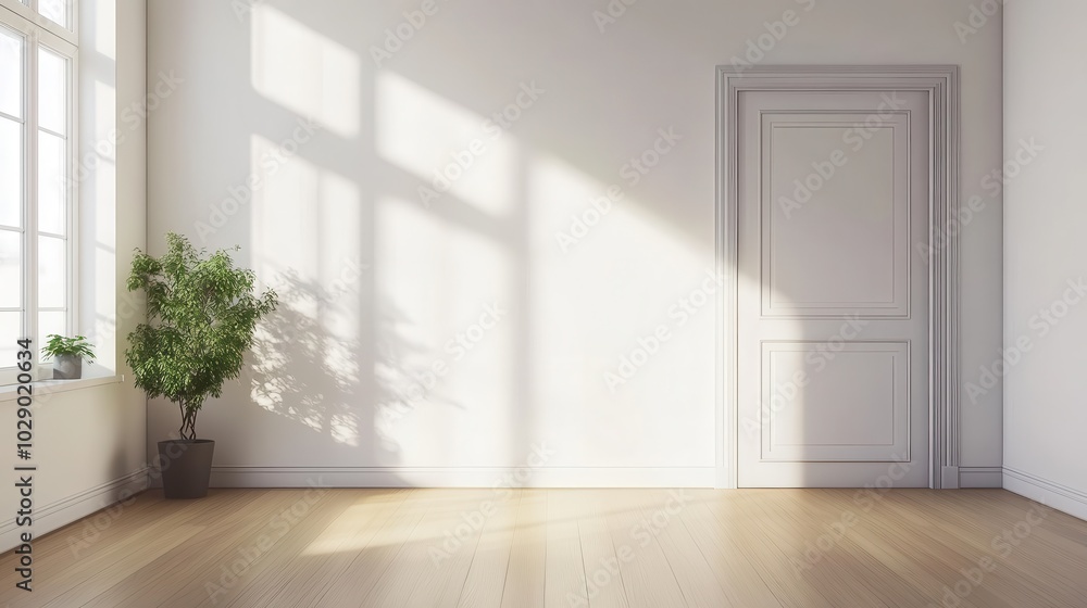 A minimalist room with a potted plant, white walls, and wooden floors bathed in sunlight. A minimalist room with a potted plant, white walls, and wooden floors bathed in sunlight.