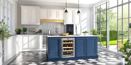 Bright kitchen with white cabinets, blue island, and large windows.