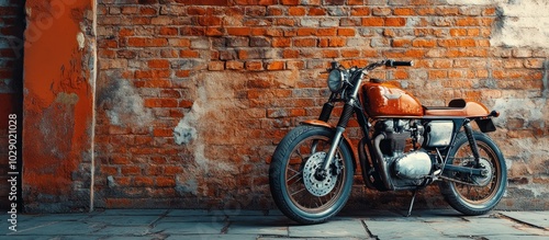 A classic red motorcycle parked in front of an old brick wall. photo