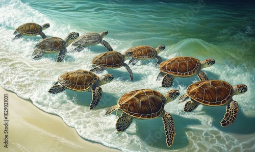 Seven sea turtles swimming in turquoise ocean. photo