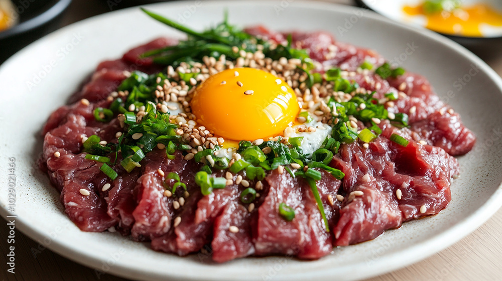 Horse meat yukhoe served with traditional garnishes Horse meat yukhoe served with traditional garnishes