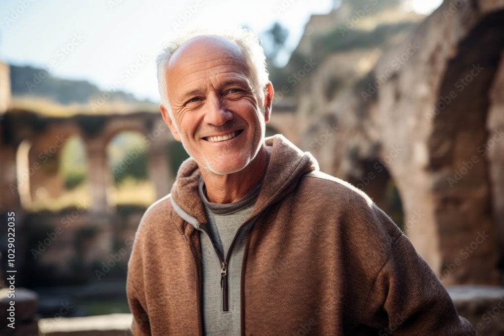 Portrait of a cheerful man in his 60s dressed in a comfy fleece pullover while standing against backdrop of ancient ruins Portrait of a cheerful man in his 60s dressed in a comfy fleece pullover while standing against backdrop of ancient ruins