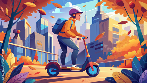 Person riding electric scooter in autumn with falling leaves. Modern urban mobility and eco-friendly concept.