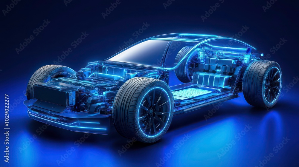 A cutaway view of an electric car with glowing blue lines highlighting the internal components. A cutaway view of an electric car with glowing blue lines highlighting the internal components.