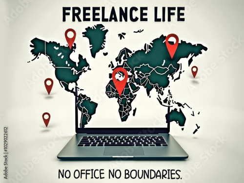 a laptop with a map of the world of Freelance Life. No office no Boundaries