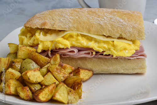 ham , scramble egg and swiss cheese on ciabatta