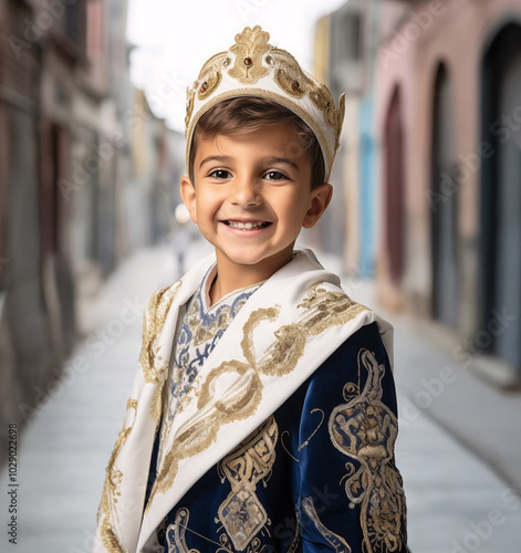 Smiling boy in traditional circumcision outfit during ceremony photo