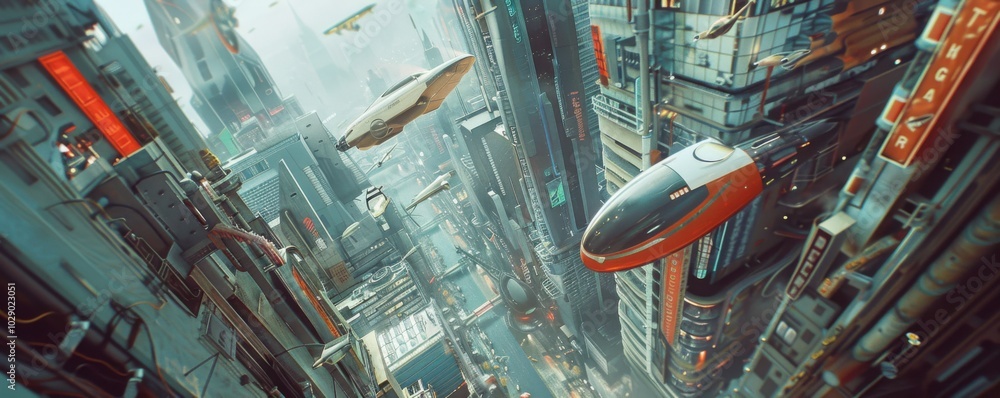 Fototapeta premium Futuristic cityscape featuring flying vehicles, 4K hyperrealistic photo