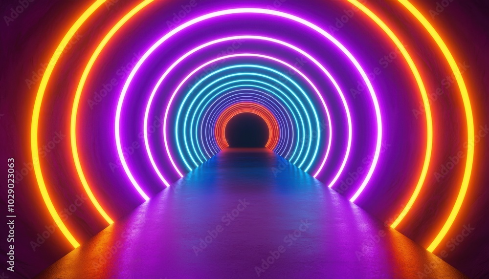 A vibrant tunnel illuminated by concentric neon lights, creating a futuristic and immersive atmosphere. A vibrant tunnel illuminated by concentric neon lights, creating a futuristic and immersive atmosphere.
