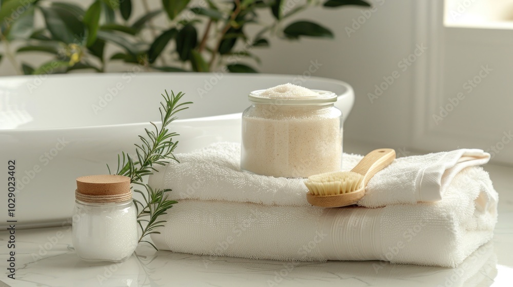A tranquil bathroom retreat featuring sugar paste soft towels and natural elements for a relaxing atmosphere A tranquil bathroom retreat featuring sugar paste soft towels and natural elements for a relaxing atmosphere