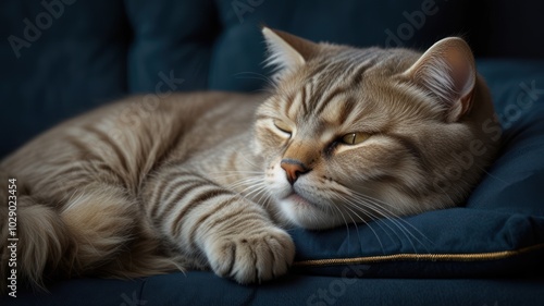 A tabby cat with green eyes sleeps on a blue cushion.