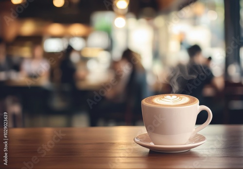 A steaming cup of coffee sits on a wooden table in a cozy coffee shop with a blurred background.