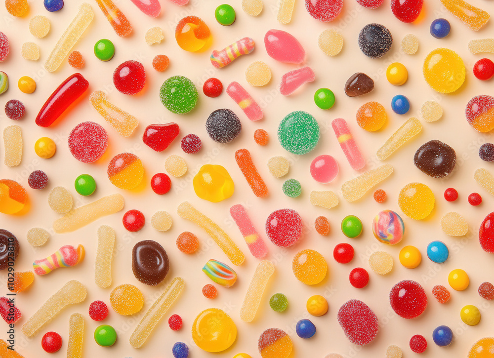 Colorful Candy Scattered on a Beige Surface Colorful Candy Scattered on a Beige Surface