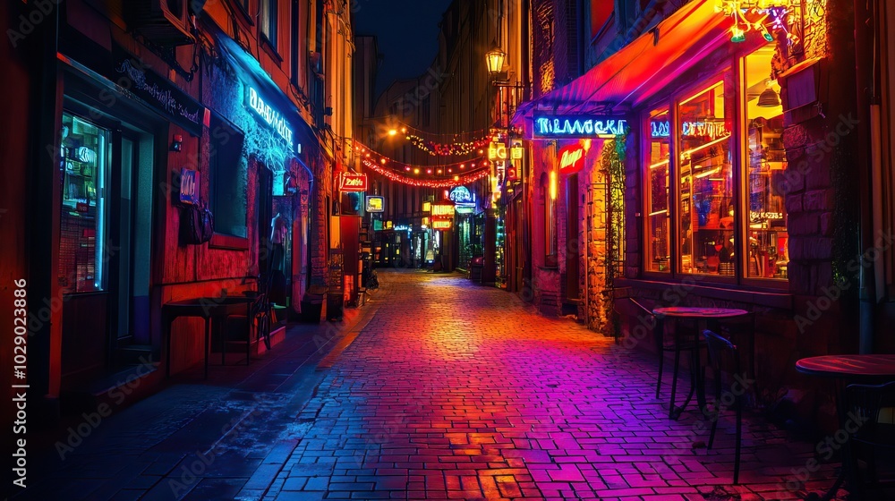 Nighttime Alleyway with Neon Lights Nighttime Alleyway with Neon Lights