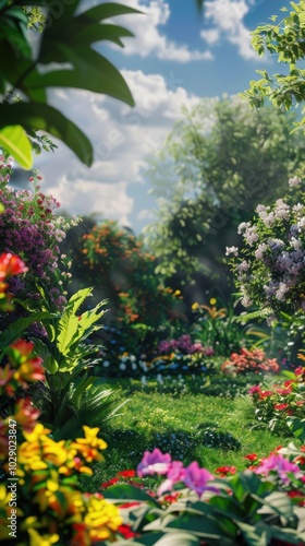 Lush green garden with a variety of blooming flowers, 4K hyperrealistic photo