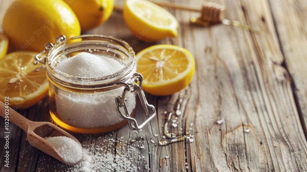 Jar of sugar paste beside fresh lemon slices and honey on a rustic wooden table Jar of sugar paste beside fresh lemon slices and honey on a rustic wooden table