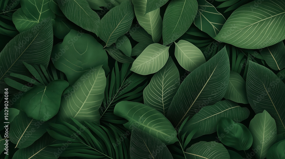 Seamless pattern of overlapping tropical leaves with detailed textures in various shades of green, creating a lush and natural appearance. Seamless pattern of overlapping tropical leaves with detailed textures in various shades of green, creating a lush and natural appearance.