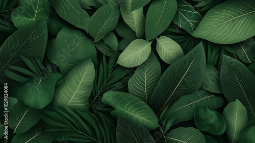 Wallpaper Mural Seamless pattern of overlapping tropical leaves with detailed textures in various shades of green, creating a lush and natural appearance. Torontodigital.ca