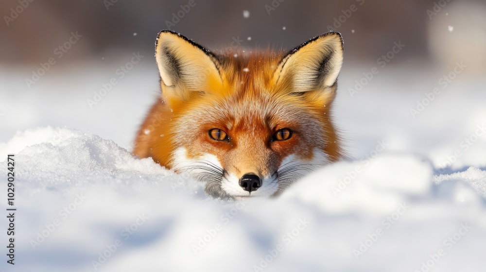 Majestic Red Fox Hunting in Snow with Cinematic Light, Close-up Wildlife Photography Majestic Red Fox Hunting in Snow with Cinematic Light, Close-up Wildlife Photography