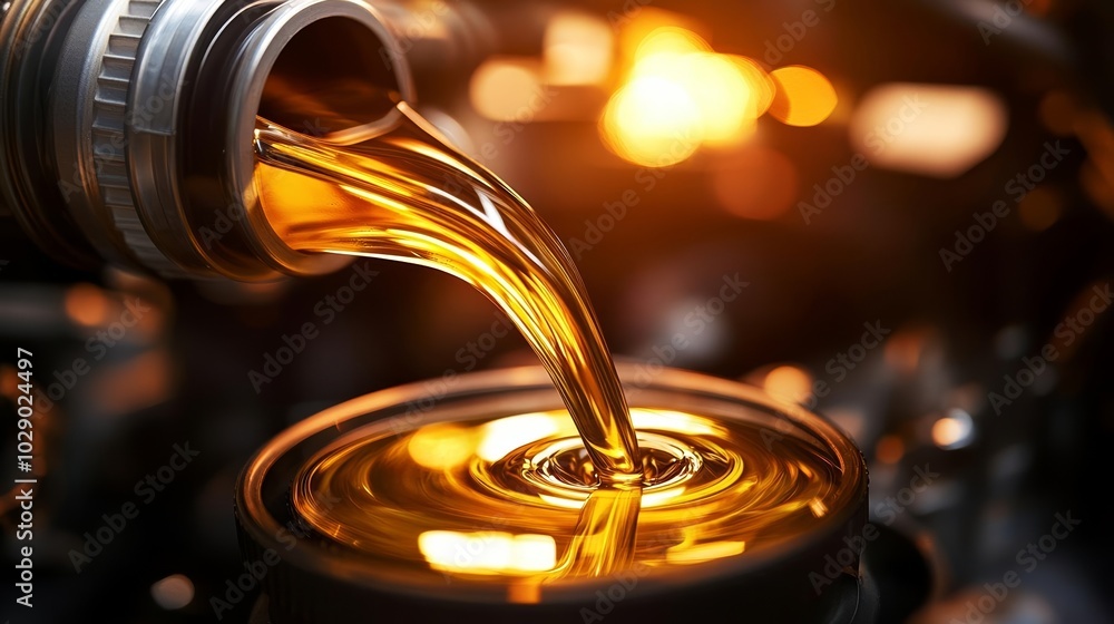 Macro shot of car engine oil pour, vibrant golden liquid flowing into engine, smooth texture, glossy reflections, detailed automotive equipment, warm lighting Macro shot of car engine oil pour, vibrant golden liquid flowing into engine, smooth texture, glossy reflections, detailed automotive equipment, warm lighting
