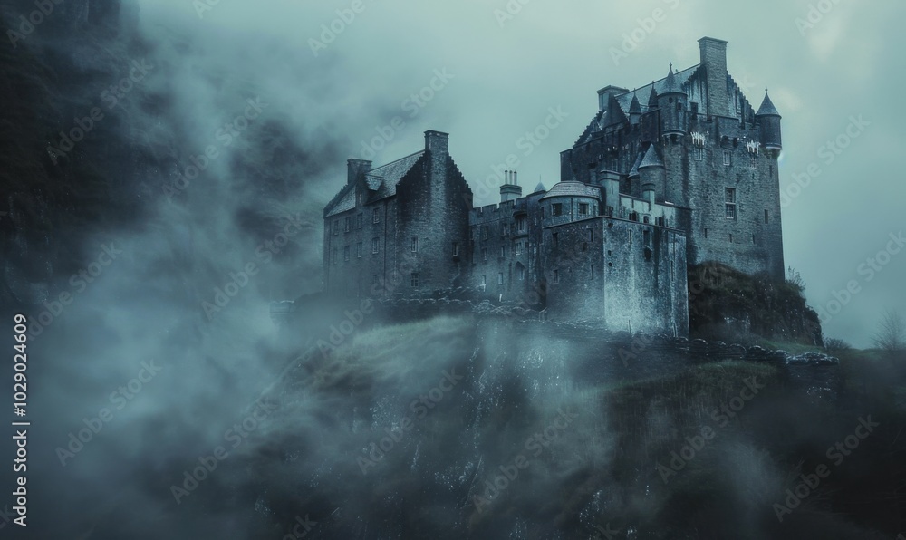 Naklejka premium Enchanted castle surrounded by mist, 4K hyperrealistic photo