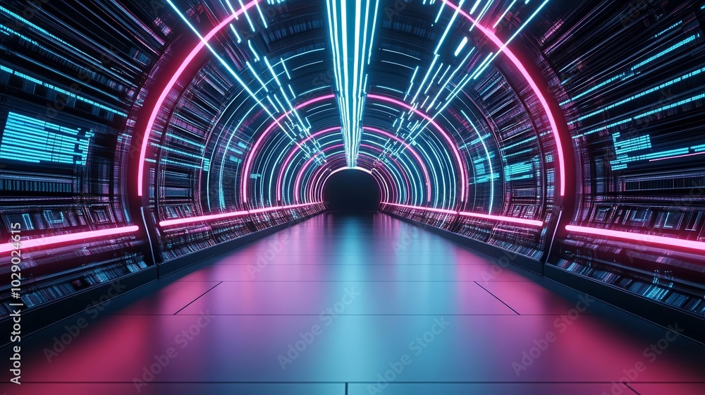 Neon-lit digital technology tunnel with vibrant lines, high-speed data flow, futuristic cyber space, glowing pink and blue hues, dynamic tech design Neon-lit digital technology tunnel with vibrant lines, high-speed data flow, futuristic cyber space, glowing pink and blue hues, dynamic tech design