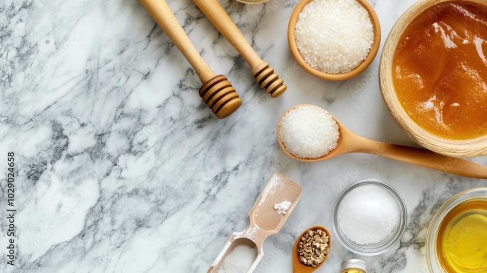A flat lay arrangement of sugaring tools and ingredients on a marble surface with ample copy space for creative projects A flat lay arrangement of sugaring tools and ingredients on a marble surface with ample copy space for creative projects
