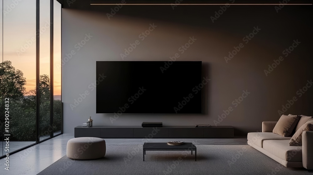 Spacious living room with massive TV, cozy ambient lighting, panoramic sunset view through glass walls, sleek modern interior, minimalistic elegance Spacious living room with massive TV, cozy ambient lighting, panoramic sunset view through glass walls, sleek modern interior, minimalistic elegance