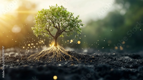 Crypto tokens intertwining as a tree of life, symbolizing growth, sustainability, and charitable contributions in the digital economy