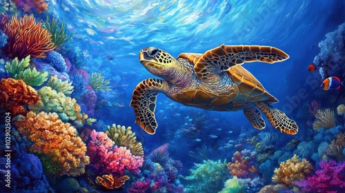 A Sea Turtle Swimming Through a Vibrant Coral Reef