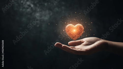 Digital hand cradling heart-shaped coin symbolizing compassion in cryptocurrency, merging technology with care and connection