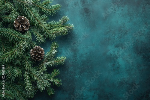 Flat lay of green pine branches with two cones lying on top of the turquoise decorative plaster structure. Large copy space on the right. Natural, eco christmas card idea. photo