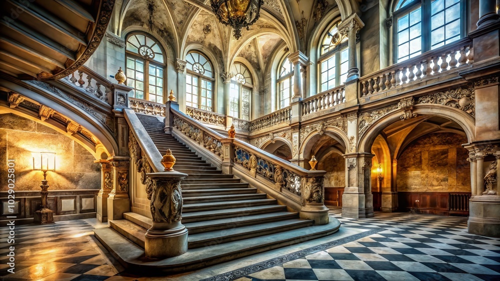 Majestic marble staircase graces a castle hall, capturing the essence of urban exploration photography, showcasing intricate details and the beauty Majestic marble staircase graces a castle hall, capturing the essence of urban exploration photography, showcasing intricate details and the beauty
