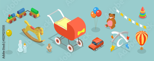 3D Isometric Flat Vector Set of Childhood Items, Toys and Baby Care Supplies