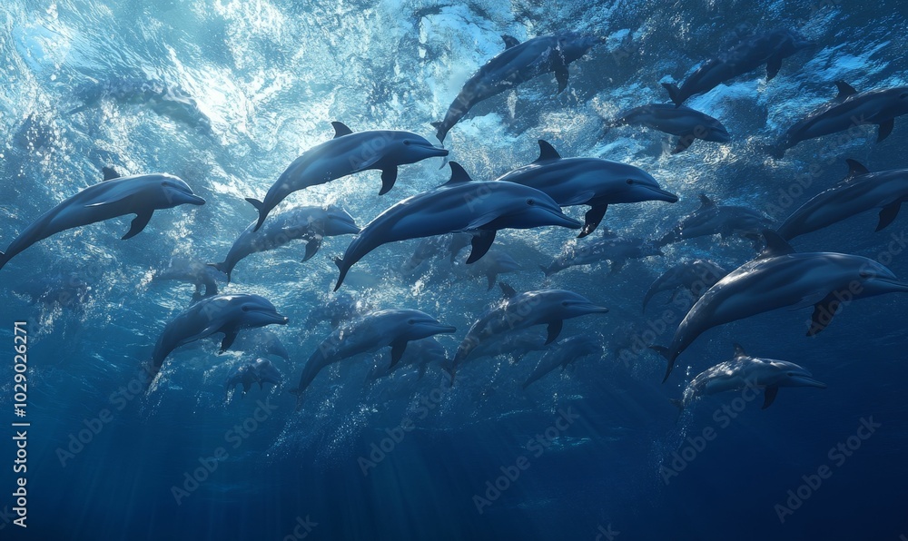 Obraz premium A pod of dolphins swim in the ocean.