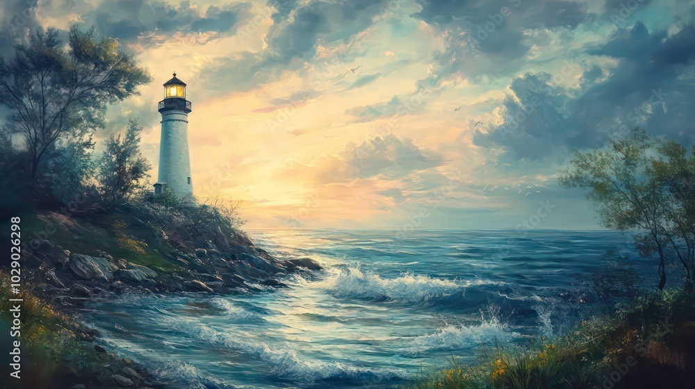 A white lighthouse stands tall on a rocky cliff overlooking a stormy sea at sunset. The lighthouse's beacon shines brightly, casting a warm glow over the water. A white lighthouse stands tall on a rocky cliff overlooking a stormy sea at sunset. The lighthouse's beacon shines brightly, casting a warm glow over the water.