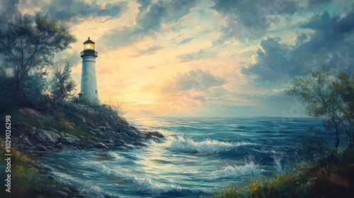 A white lighthouse stands tall on a rocky cliff overlooking a stormy sea at sunset. The lighthouse's beacon shines brightly, casting a warm glow over the water.