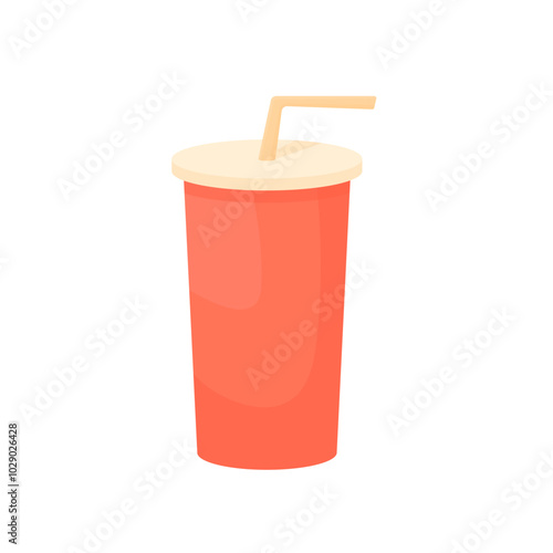 Soda for the film in cartoon style on a white isolated background. Classic drink in a red plastic glass with a straw.
 photo