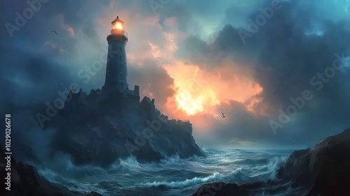 A lone lighthouse stands tall on a rocky cliff, its beacon cutting through the stormy sea and dramatic sunset sky.