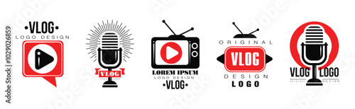 Vlog Logo and Label Design with Red and Black Vector Set