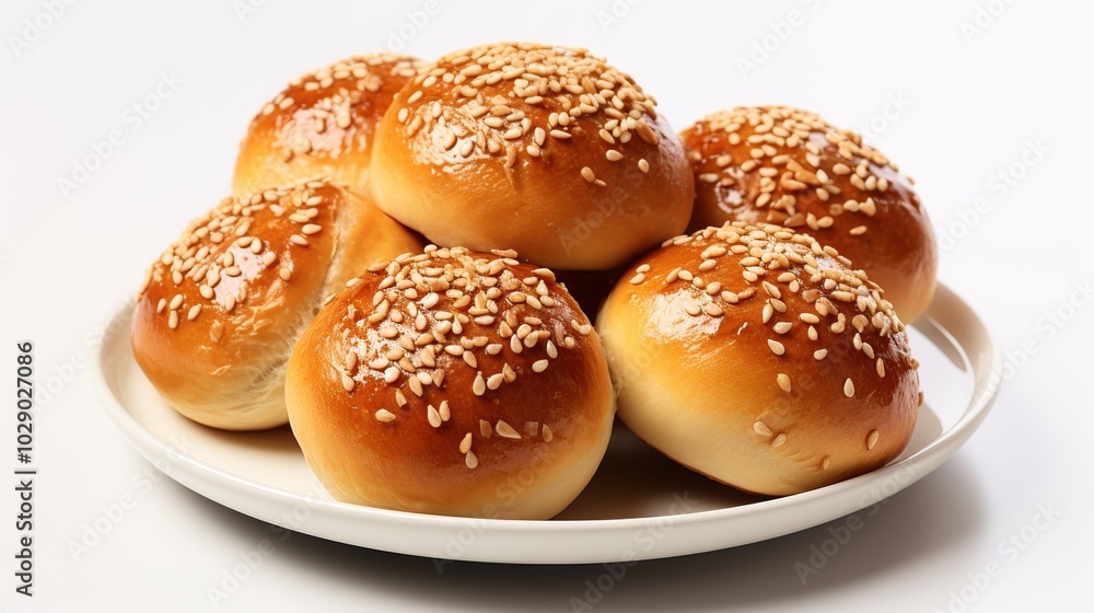 A plate of freshly baked sesame seed buns on a white background. A plate of freshly baked sesame seed buns on a white background.