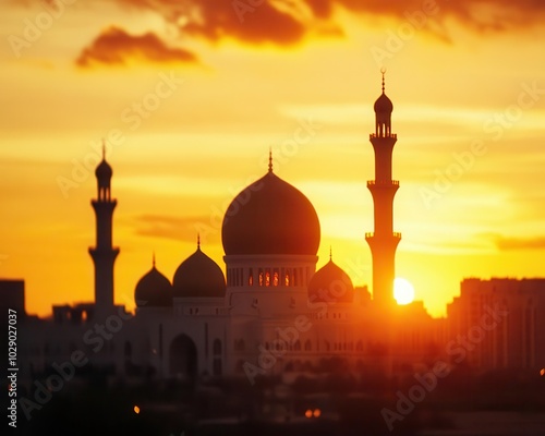 Lowangle shot of a grand mosque with ornate Islamic domes and minarets