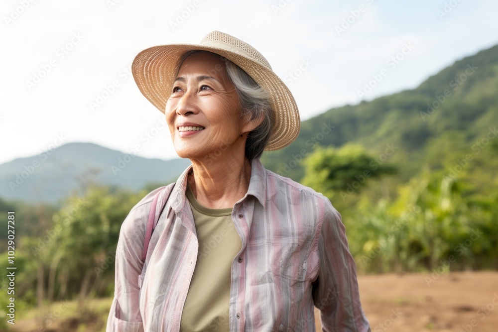 Obraz premium Portrait of a tender asian woman in her 70s sporting a breathable hiking shirt over backdrop of an idyllic countryside