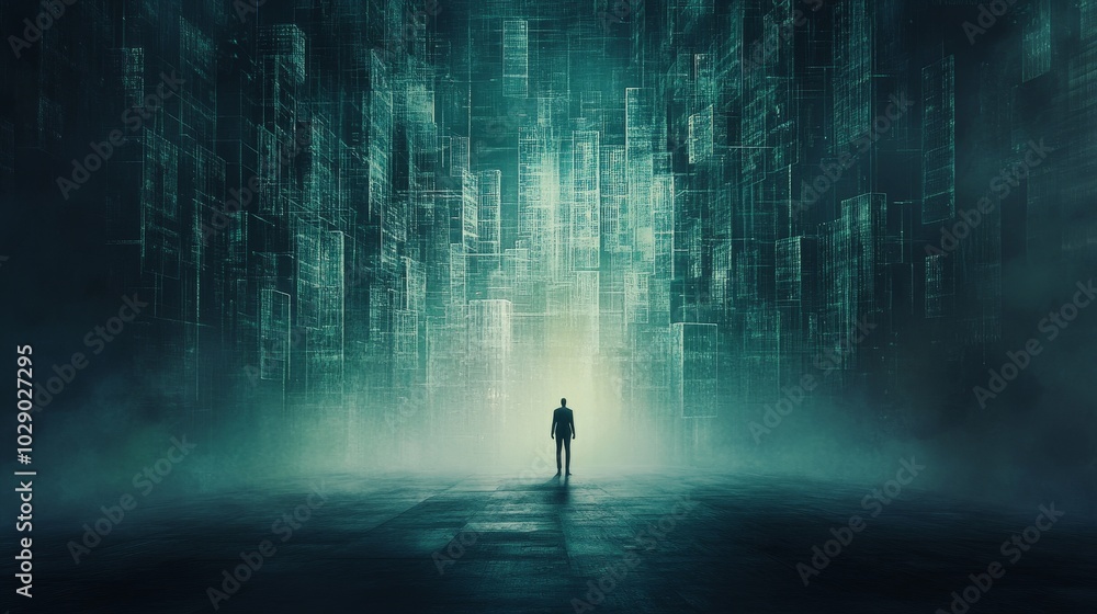 Interwoven Serenity, A futuristic cityscape featuring a harmony symbol created with holographic lines in vibrant blue and green hues Interwoven Serenity, A futuristic cityscape featuring a harmony symbol created with holographic lines in vibrant blue and green hues