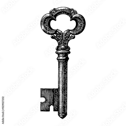 Antique Ornate Metallic Key Black and White Outline Line Art Drawing with Detailed Design