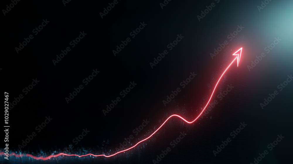 A dynamic image of a red upward arrow graph prominently displaying a rising trend, set against a sleek black background, beautifully illuminated by backlighting that enhances the g A dynamic image of a red upward arrow graph prominently displaying a rising trend, set against a sleek black background, beautifully illuminated by backlighting that enhances the g