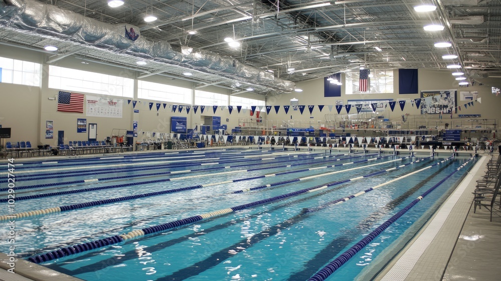 Fototapeta premium Empty lanes in an indoor swimming pool, with bright overhead lights reflecting off the clear water.