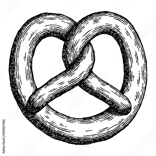 Detailed Pretzel Illustration in Vintage Black and White Outline Line Art Drawing Style