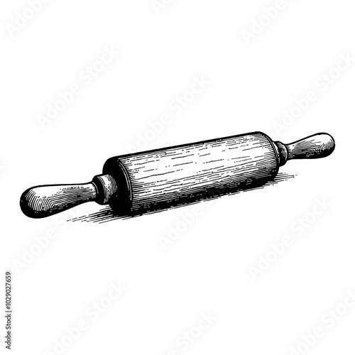 Rolling Pin Vintage Kitchen Tool Black and White Outline Line Art Drawing for Culinary Illustration